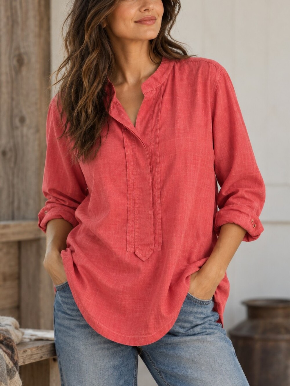 Pendleton Coral Pink Long Sleeve Pullover Tunic, Cotton Lyocell Blend, Size L